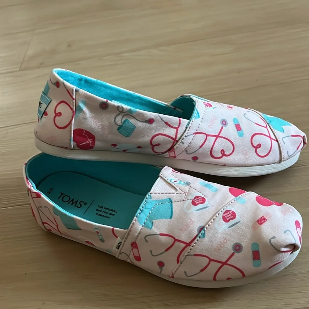 TOMS ALPARGATA WOMENS NURSE APPREY PINK CANVAS SLIP ON LOAFER FLATS SHOE SIZE 8